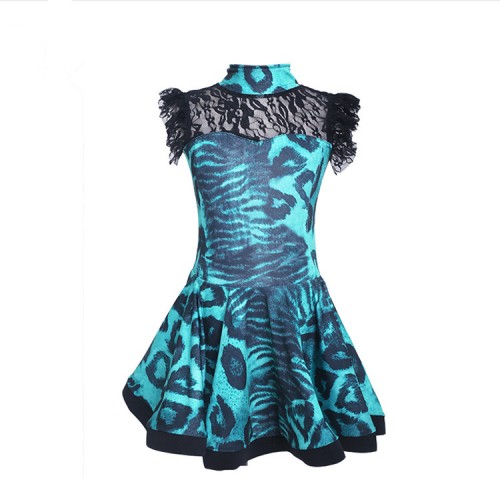 Kids leopard printed latin salsa dance dresses turquoise pink printed girls competition exercises performance lace rumba chacha dresses